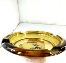Vtg AMBER GLASS ASHTRAY Insert US Army Reserve Cigarette Cigars 7.75" 4 Holders