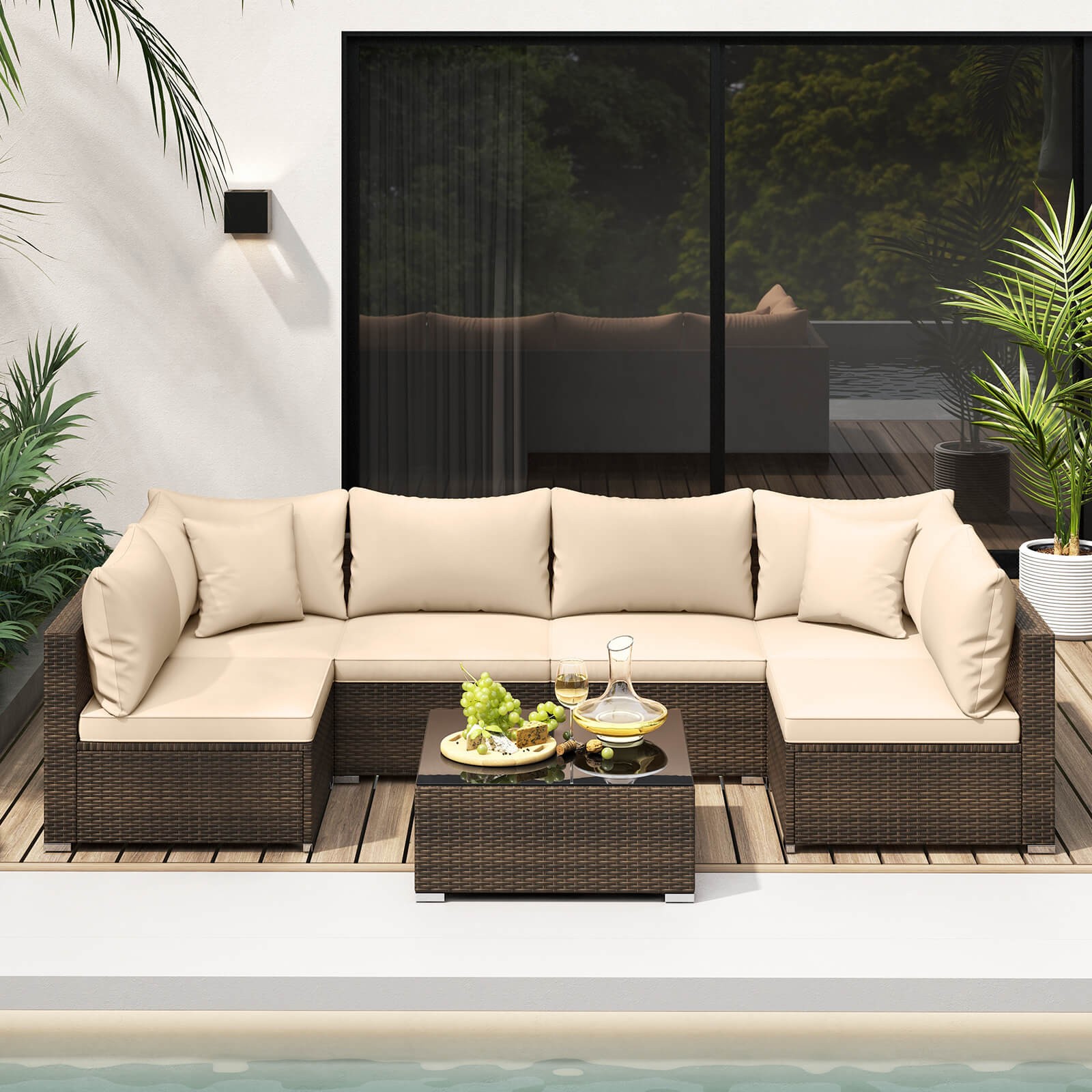 Patiojoy 7PCS Patio Rattan Furniture Set Sectional Sofa Cushioned Garden Beige