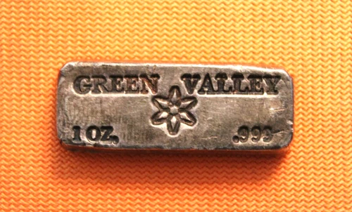 Rare Toned GREEN VALLEY 1oz vintage poured .999 silver bar