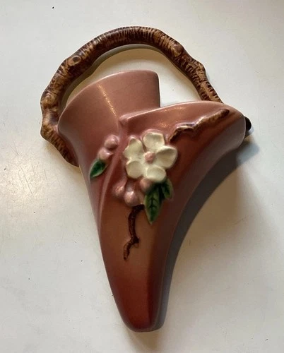 Roseville Pottery “ Apple Blossom” Coral Pink Wall Pocket # 366-8” - 1949
