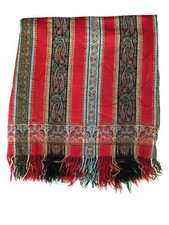 Antique Red Kashmir Paisley Striped Wool Throw Shawl Blanket India Nepal