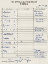 7-7-95 Chicago White Sox - Game Used Lineup Card - Frank Thomas & Robin Ventura