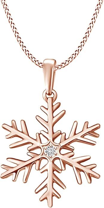 Natural Diamond Accents Snowflake Pendant 18" Necklace 10K Solid Gold