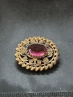 VTG RETRO STYLE AMETHYST GLASS  & GOLD PLATED FILIGREE PIN 1 1/2-Costume Jewelry