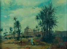 Antique Painting Orientalist Landscape City Of Marrakech Morocco Jacques Garde