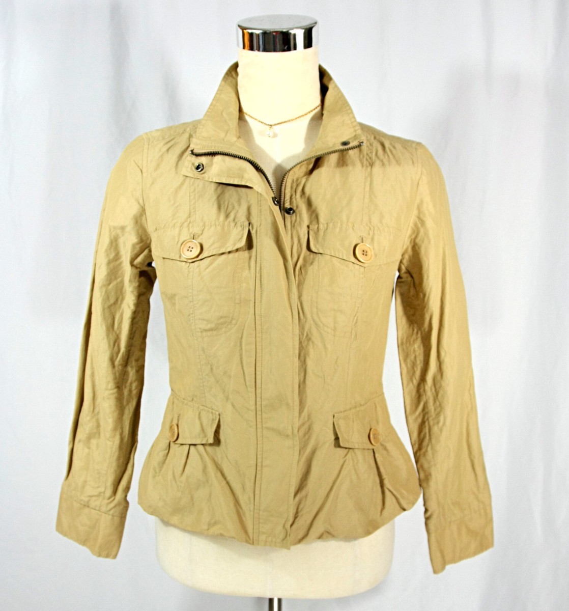 Talbots Khaki Twill Casual Zip Up Long Sleeve Safari Jacket Tan