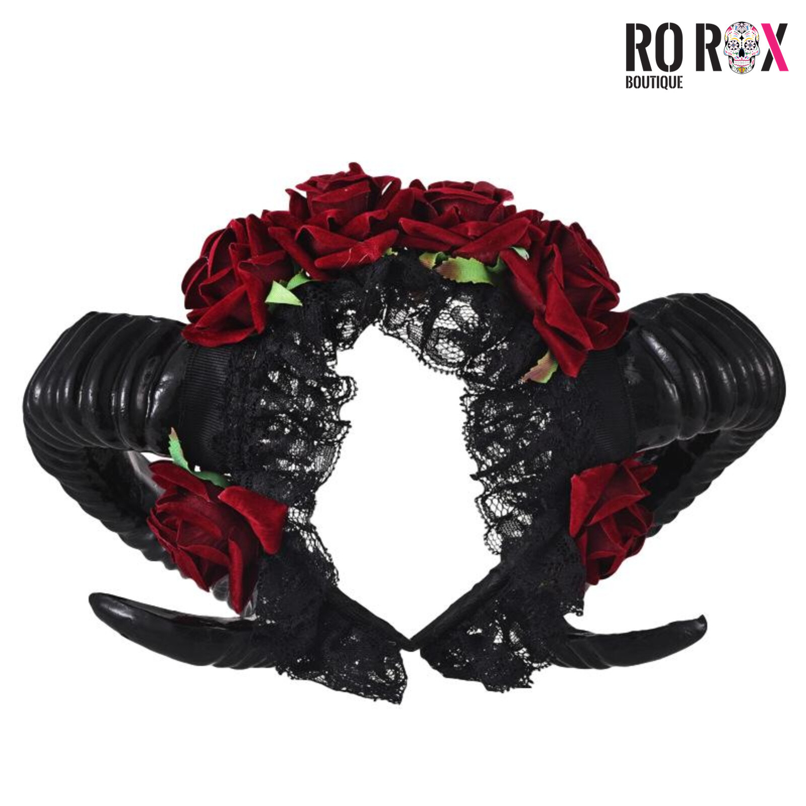 Gothic Ram Horns Sinister Evil Headband - Red Roses Garland Satanic Headpiece