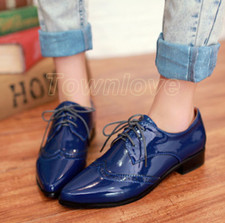 Women Wing Tip Brogue Oxfords Pointed Toe Lace Up Patent Leather Shoes Plus Size
