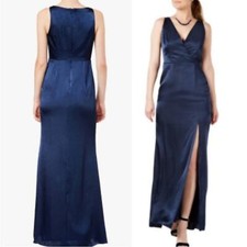 Adrianna Papell Hammered Satin Blue V Neck Front Slit Sleeveless Maxi Dress Gown