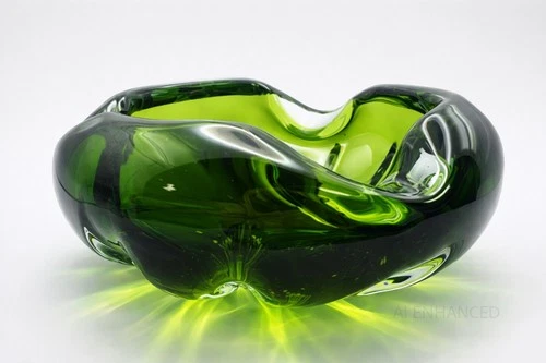 Murano Style Uranium Glass Ashtray Green Sommerso Heavy Mid Century