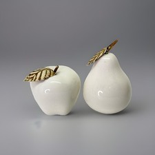 Vintage Ceramic Apple & Pear White Glazed Fruit w/ Metal Leaves Mid Century