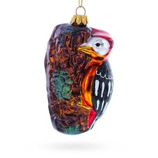 Red Headed Woodpecker Perched On Bark Glass Ornament