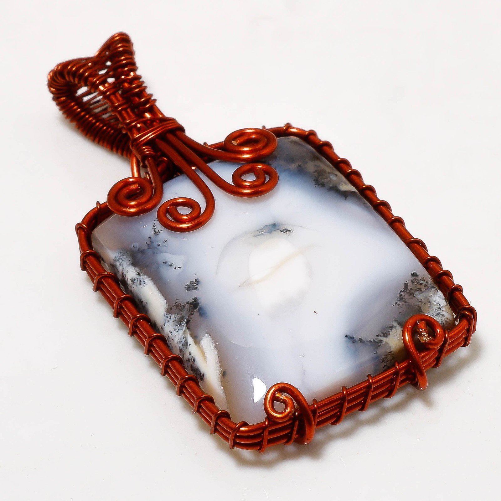 Dendritic Opal Gemstone Handmade Wire Wrap Copper Jewelry Pendant 2.40