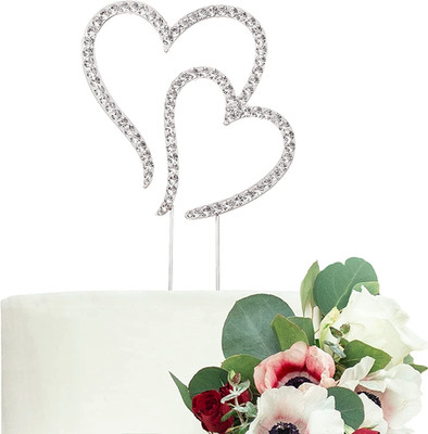 Gift Boxed Two Hearts One Love Rhinestone Wedding Cake Topper Silver