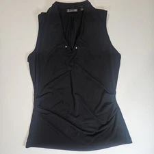 New York And Company Blouse Womens Size XS Navy Blue Ruffle Collar Pleated Top