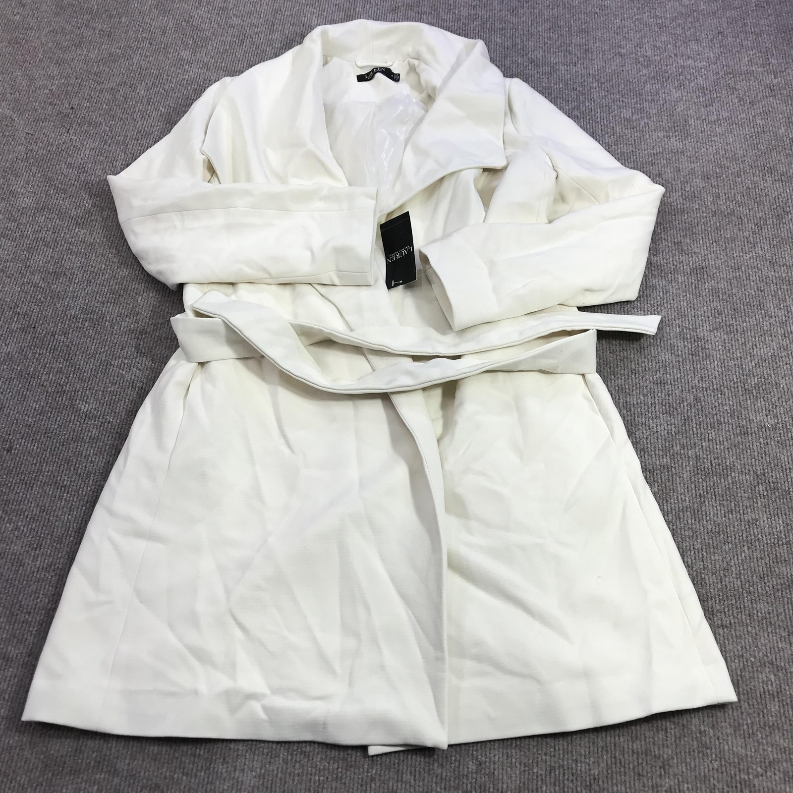Cream crepe belted trench coat with drape front