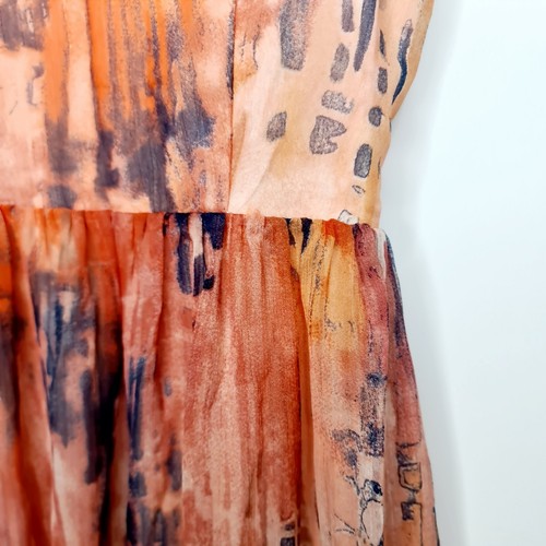 Valleygirl Size 10 Orange Abstract Sheer Adjustable Strap Short Lined Long Dress - Picture 9 of 14
