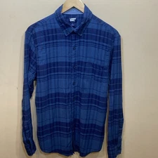 Lands' End Men's Brushed Twill Button-Down Shirt Blue L Plaid Lightweight FLEX