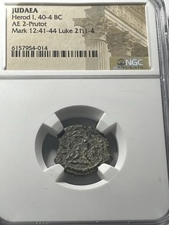 Moneta acaro della vedova biblica certificata Giudea Re Erode I AE 2 Prutot 40 4 a.C. NGC