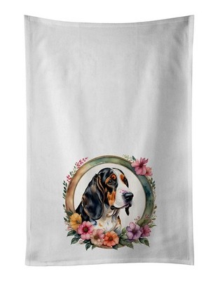 Basset Hound and Flowers Kitchen Towel Set of 2 White Dish Towels Decorative