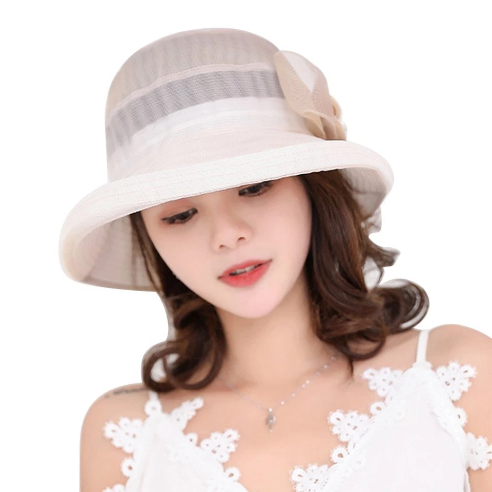 Mujeres Organza Iglesia Cloche Sombrero Bowler Cubo Sombrero Moño Sol Grande Beige Foto 3 de 4
