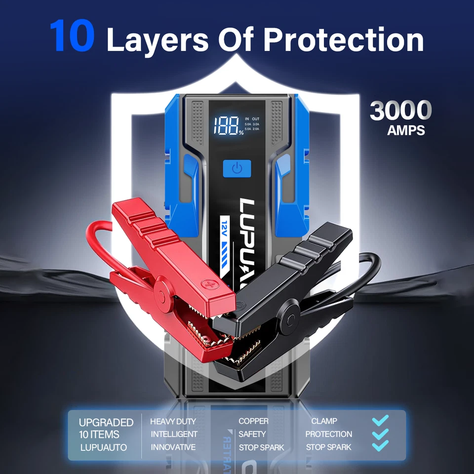 3000A Car Jump Starter Auto Battery Booster Charger Power Bank 12V Portable USB - Image 3 of 4