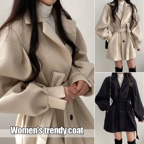 Women's Woolen Coat Autumn Winter Mid Length Lapel Belt Jacket Elegant Outwear - Picture 3 of 16