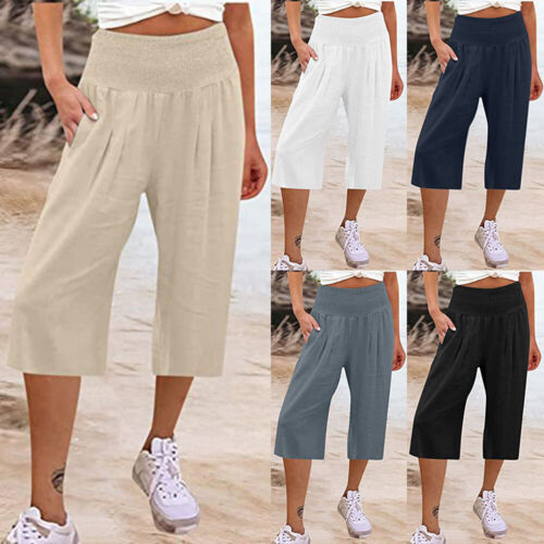 Womens High Waist 3/4 Length Linen Pants Ladies Solid Wide Leg Capri Trousers -
