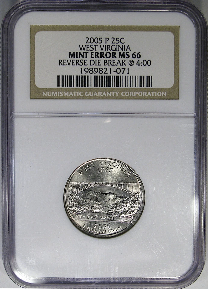 2005-P 25C NGC MS66 MINT ERROR WEST VIRGINIA ~ REVERSE DIE BREAK! - Image 2 of 4
