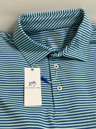 NEW Mens Southern Tide Brrr Golf Polo Shirt Blue Striped Baltic Teal Size XL - Picture 1 of 8
