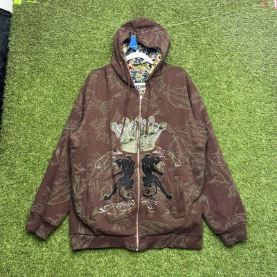 Vintage ED HARDY Christian Audigier Hoodie Mens Large AOP