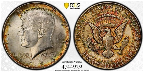 1964 Kennedy Half Dollar PCGS MS64 w/ TrueView Rainbow Reverse