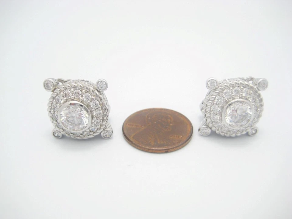 Pendientes Judith Ripka de plata de ley de cuarzo transparente circonita cúbica botón redondo clip Foto 2 de 4