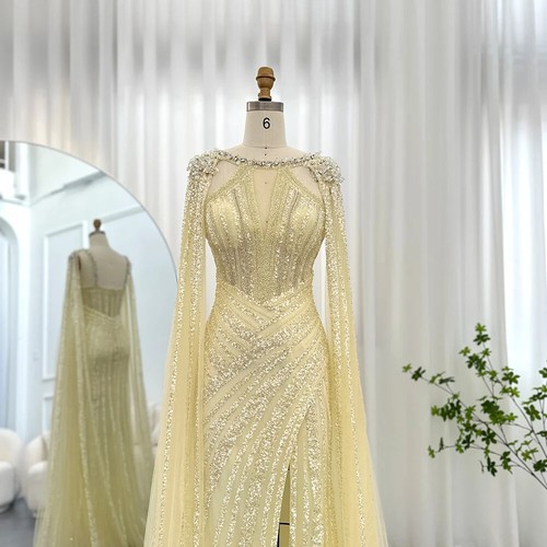Luxury Crystal Evening Dress with Cape Sleeves Arabic Yellow Wedding Party Gown - Picture 16 of 22