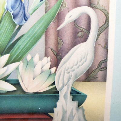 Lithograph Print Of Water Color 40s Swan Botanical Iris Lilies Art [v2