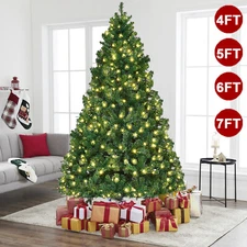 Green Christmas Tree 4 5 6 7 Foot Bushy Xmas Tree Artificial Decor w/LED Lights