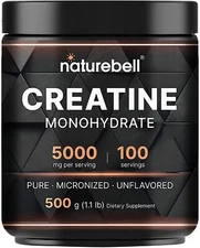 	NatureBell Creatine Monohydrate Powder Unflavored 500 Grams 5000mg 100 Servi...