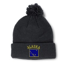 Pom Pom Beanies for Women Alaska State Flag Letters Embroidery Acrylic Skull Cap