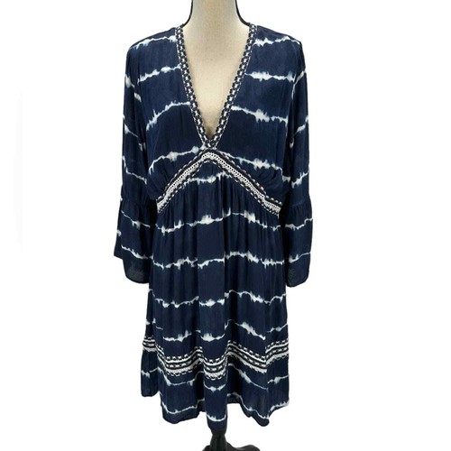 INC Long Bell Sleeve V-Neck Fiona Dye Mini Dress - Blue White - size XL