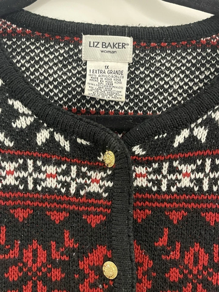 Cardigã suéter feminino vintage Liz Baker 1X vermelho preto malha robusta inverno Natal - Imagem 3 de 4