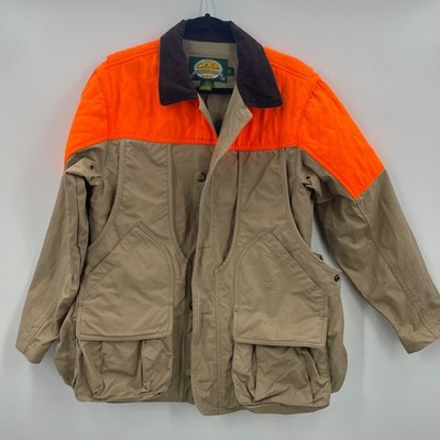 Cabelas Upland Hunting Jacket Mens Small Blaze Orange Tan Canvas Game Bag 941002