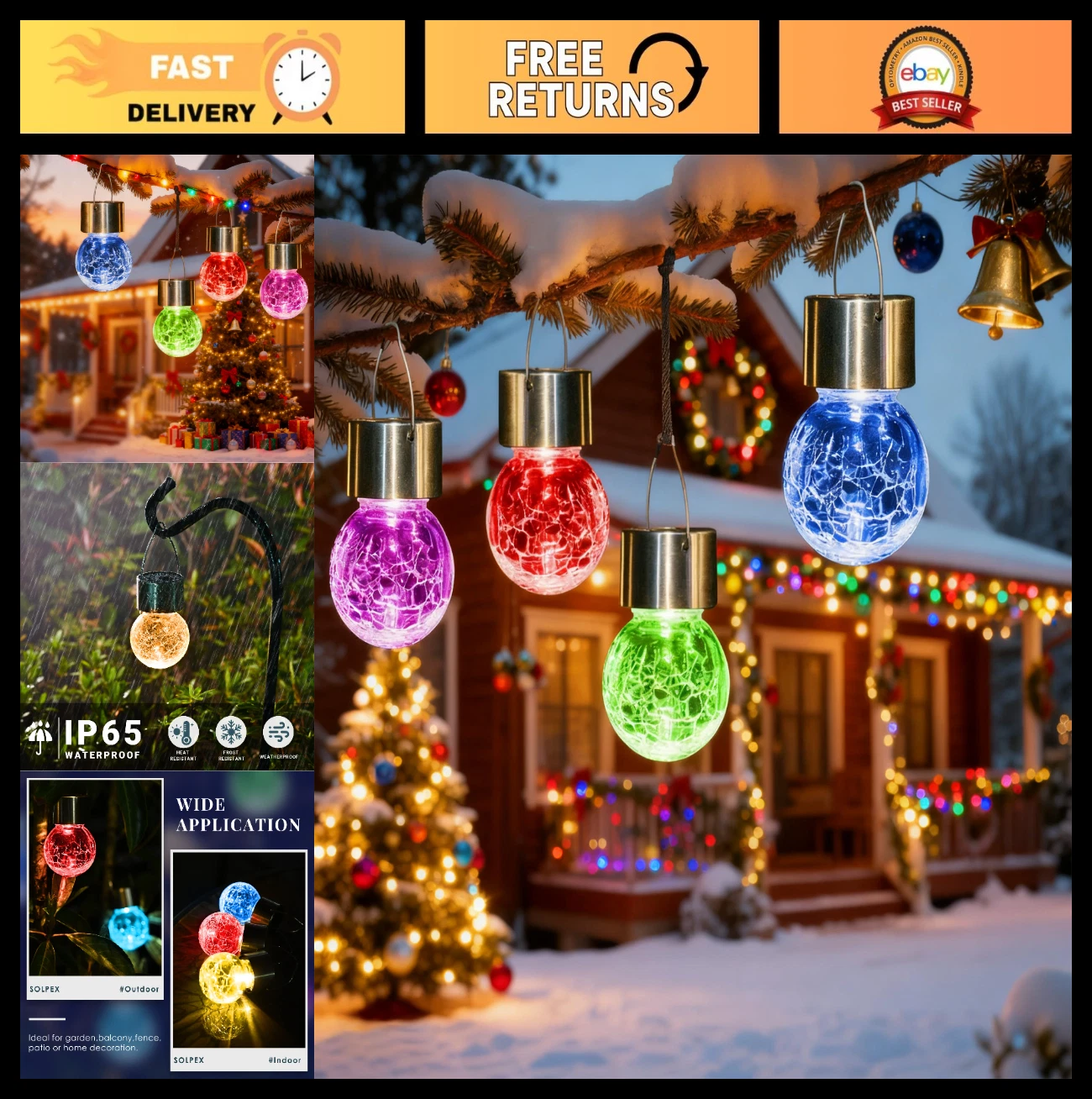 8 Pack Solar Hanging Lights - Decorative Cracked Glass Globe, Waterproof Outdoor