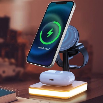 New Magnetic Wireless Charger Three-in-One Night Light Phone Holder Black USB