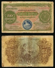 1914 Mozambique 50 Centavos Banknote Pick Number 61 Banco Nacional Ultramarino