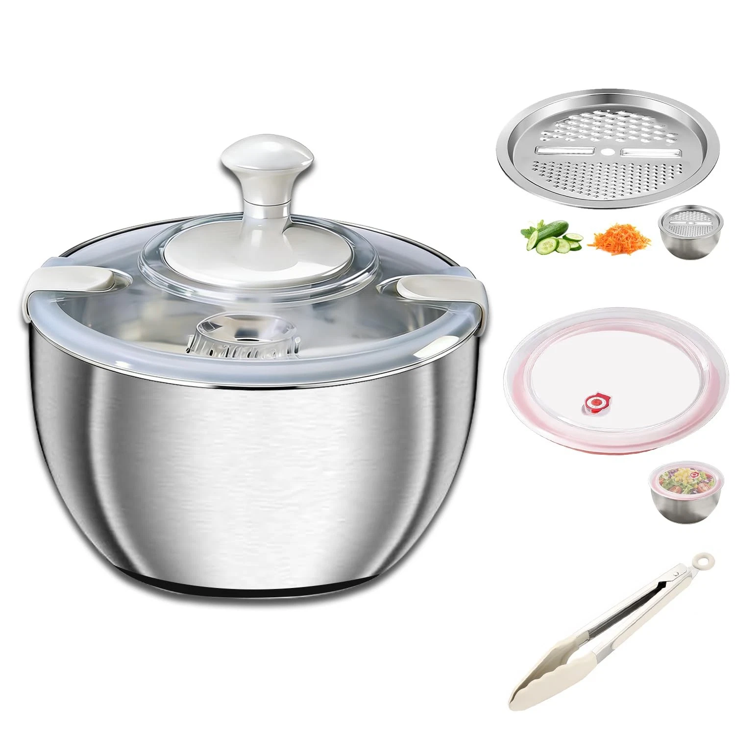 Large Salad Spinner with Storage Lid，5.29QT Stainless Steel Spin Dry Salad Gr...