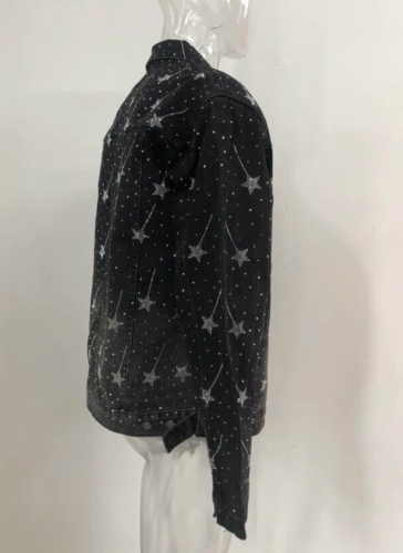 Neu Herren Luxus Diamant Sterne Strass Mode Jeans Schwarz Jacke Hochwertig - Bild 9 von 10