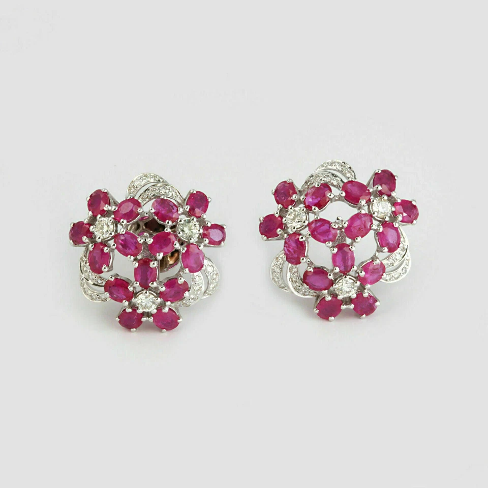 3Ct Oval Cut Pink Ruby & Diamond Flower Stud Earrings 14K White Gold Finish - Image 4 of 4