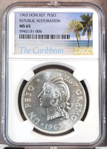 1963 DOMINICAN REPUBLIC SILVER 1 PESO NATIVE WOMAN BUST NGC MS 65 BEAUTIFUL GEM