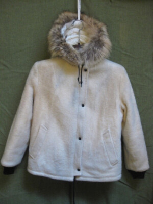 VTG HUDSONS BAY WOOL JACKET M L GENUINE FUR TRIMMED HOOD BLANKET