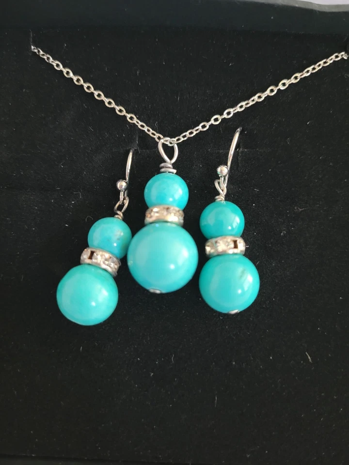 Juego de Pendientes Collar Piedra Turquesa y Marrón En Caja Estrás Vintage  Foto 3 de 4